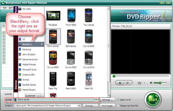 Select DVD Movies to BlackBerry Phones output format