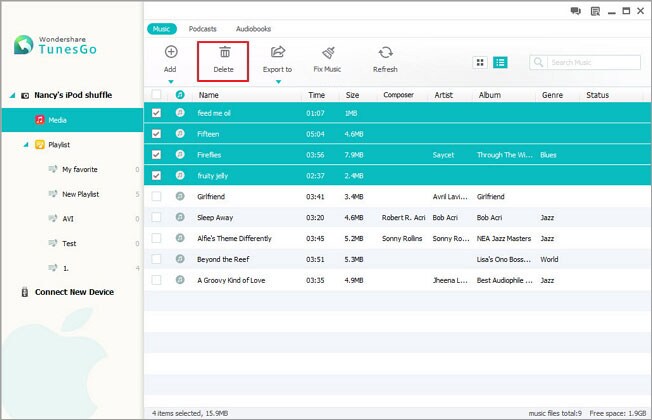 It's so quick to remove music from iPod shuffle, isn't it? Besides songs, TunesGo also lets you delete common playlists on your iPod shuffle.