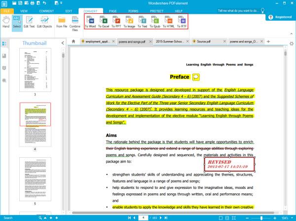 Go to the Convert menu, you're allowed to convert PDF files to Microsoft Word, Excel, PowerPoint, Images, RTF, HTML, Text and EPUB formats.