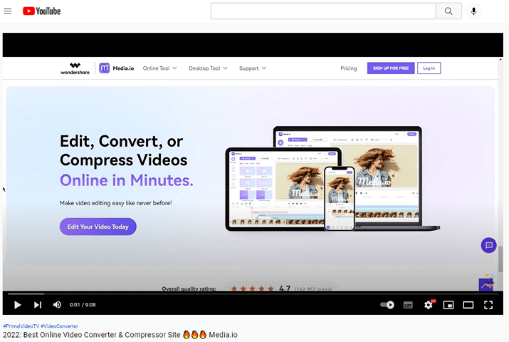 open youtube video webpage and media.io