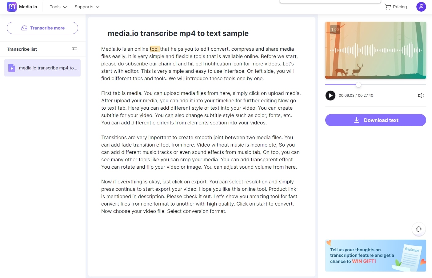 transcribe mp4 video to text in Media.io Transcription app