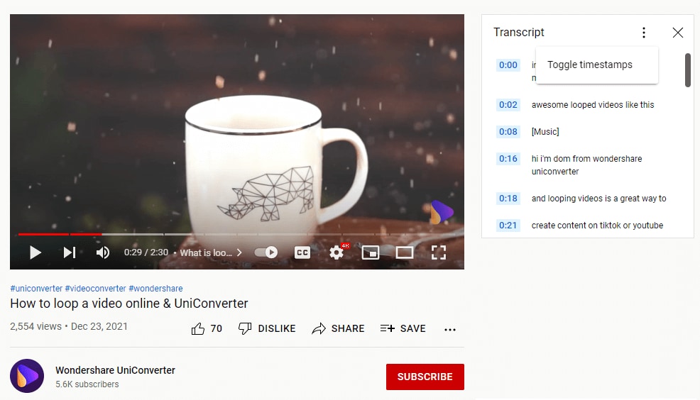 toggle timestamps in YouTube video transcript