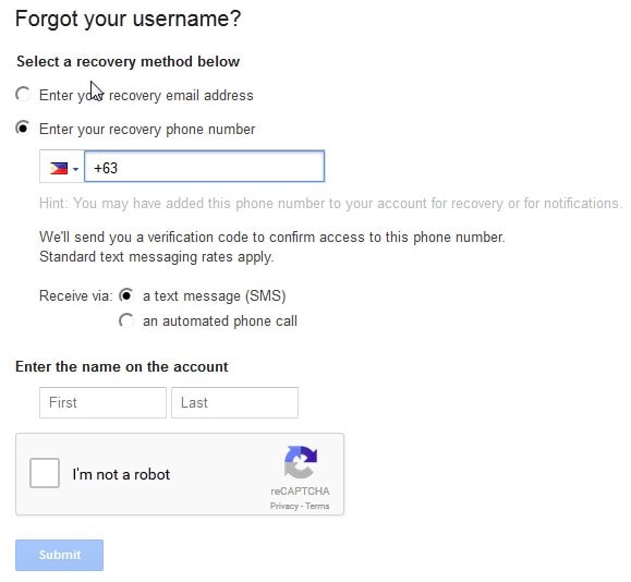 Einen Gmail-Nutzernamen wiederherstellen