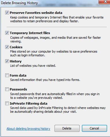 Delete browsing history and cookies from IE