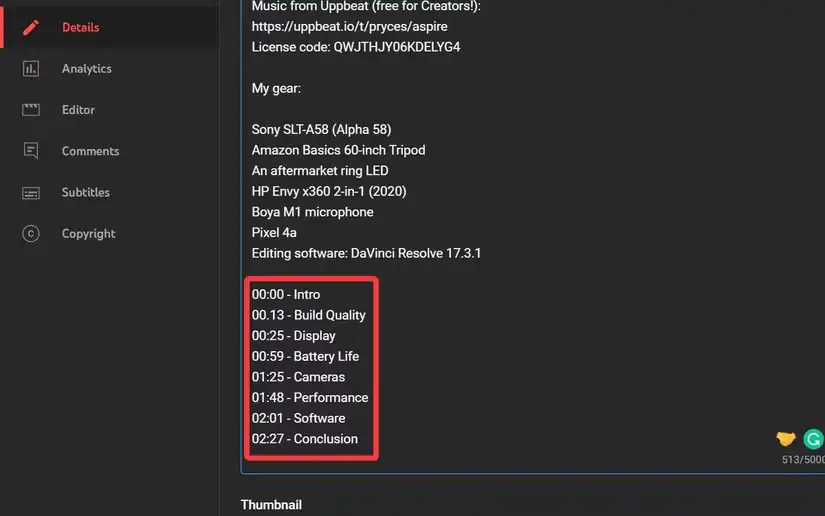 youtube studio chapter timestamp and titles