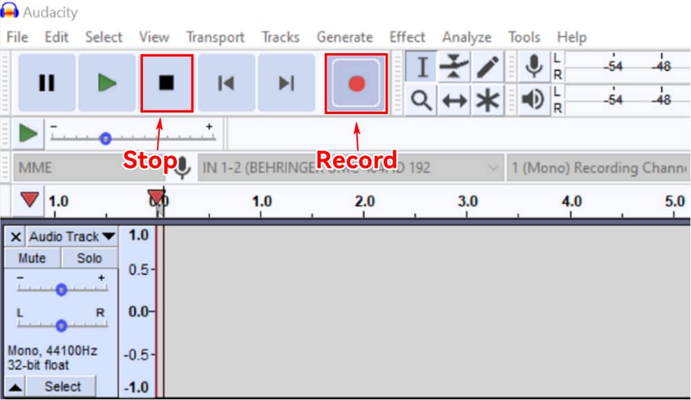 record and stop button on audacity