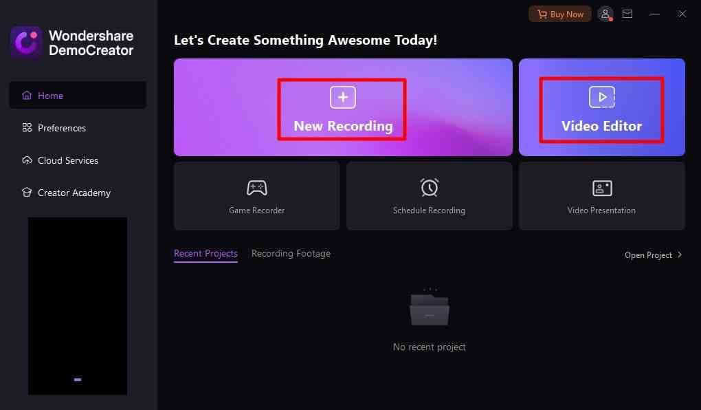 select new recording or video editor 