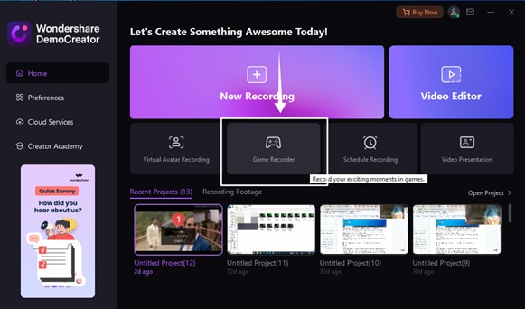 lancez democreator et choisissez game recorder