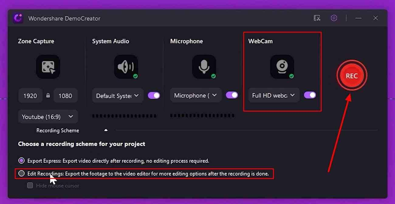 configura la webcam e inicia la grabación