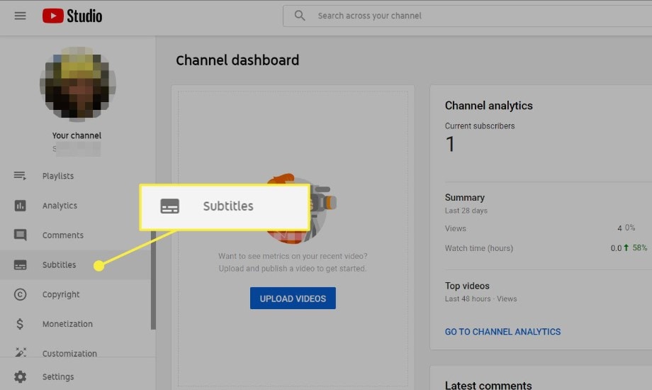 select subtitles in youtube studio