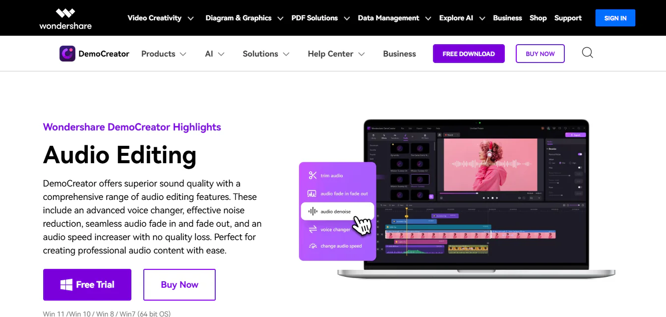 wondershare democreator’s audio editing homepage