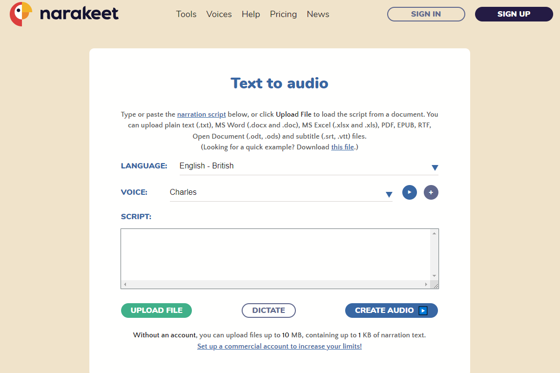 ai announcer voice generator narakeet