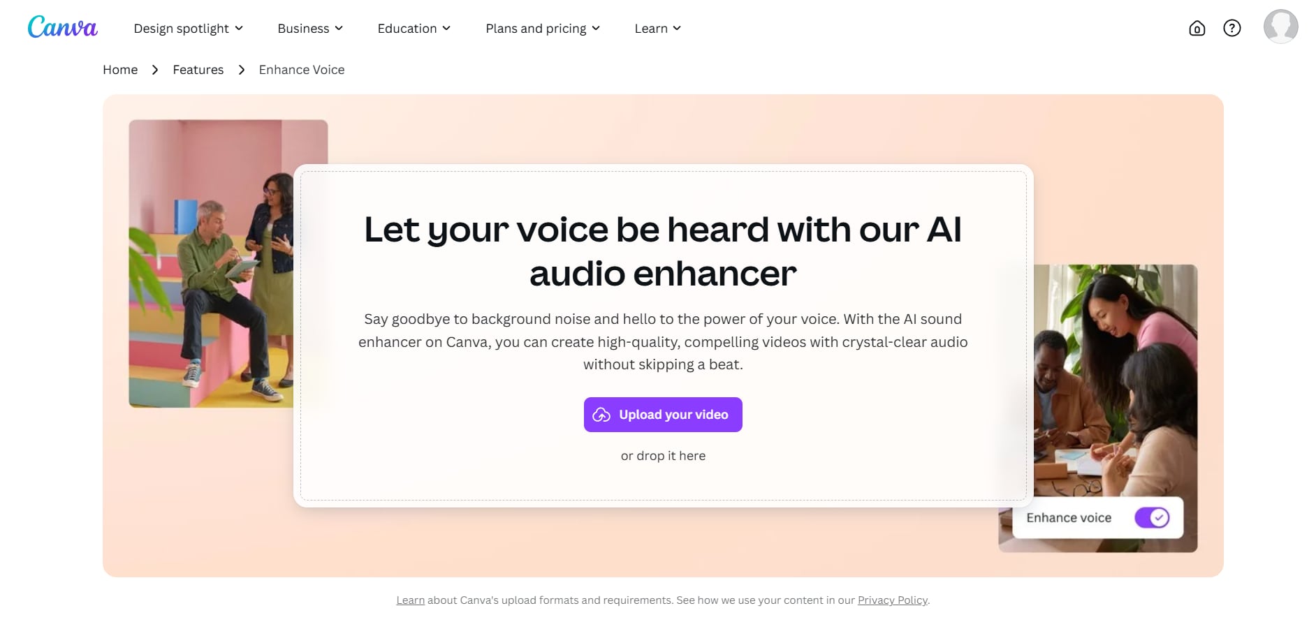 canva AI audio enhancer homepage