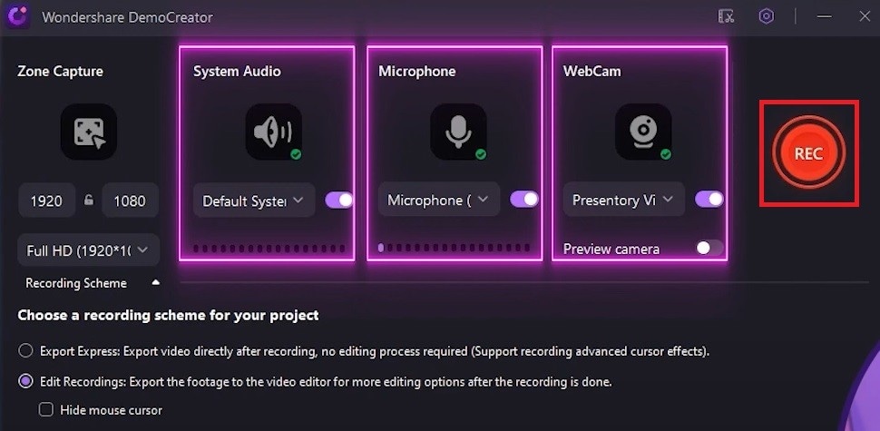 select audio recording in democreator