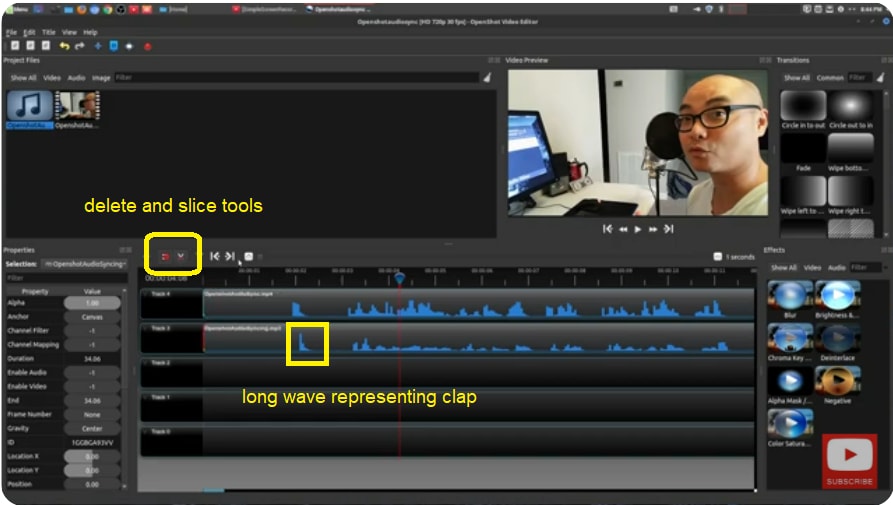 openshot slice and delete audio to sync
