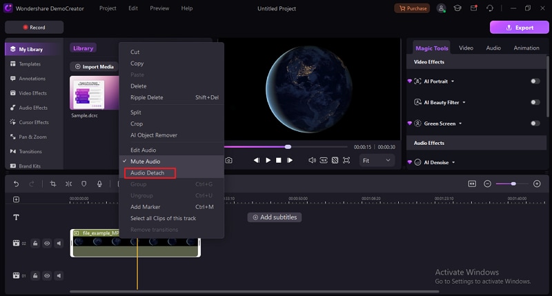 detach audio from videos on democreator