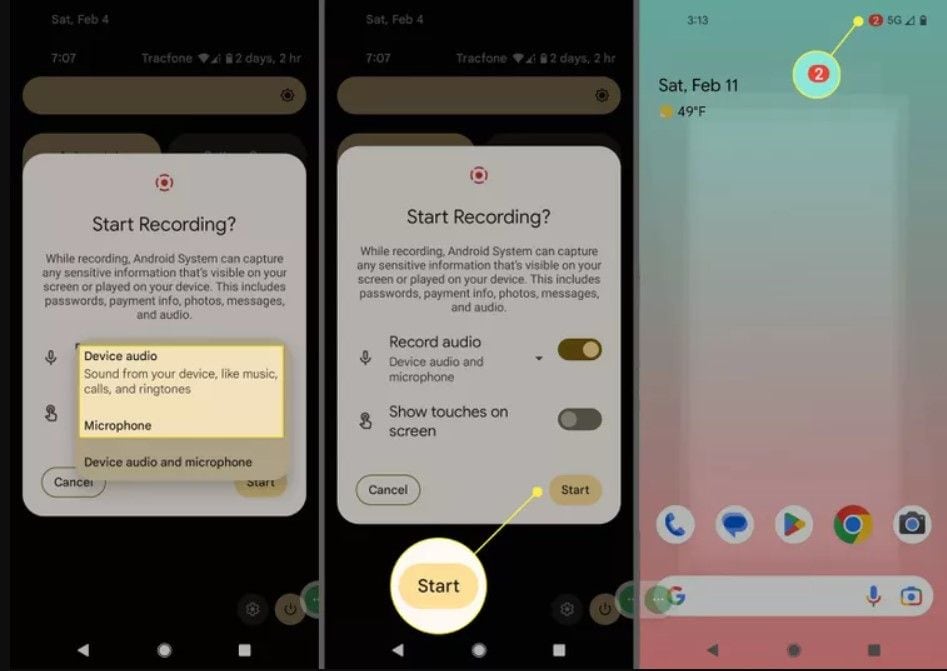 start recording screen with a built in android tool