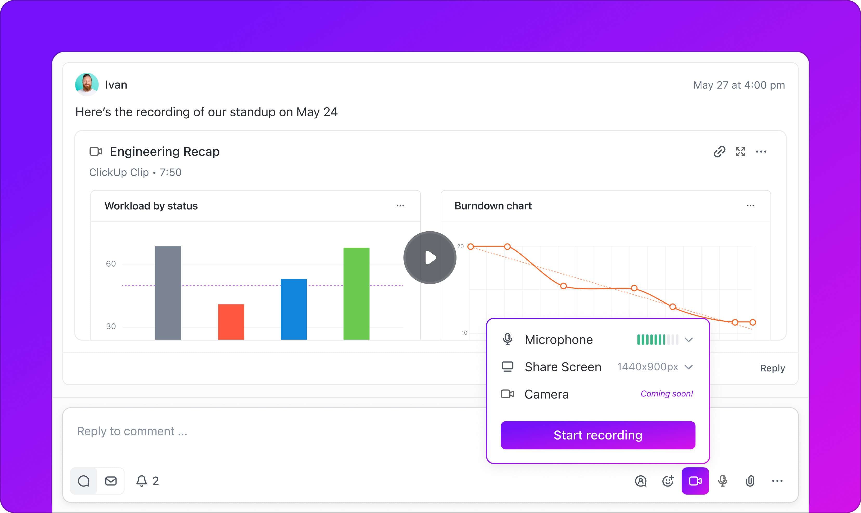 clickup screen recording interface 