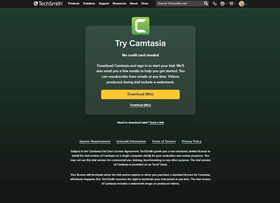 a screenshot of camtasia's download page