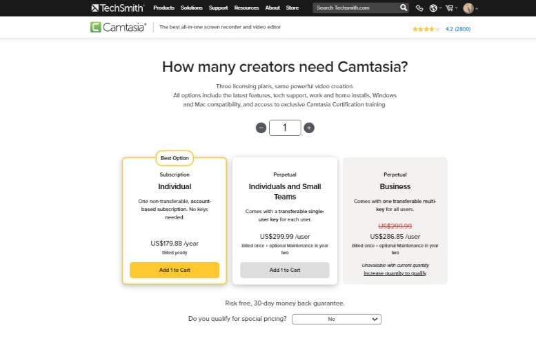 screenshot of camtasia's pricing plans