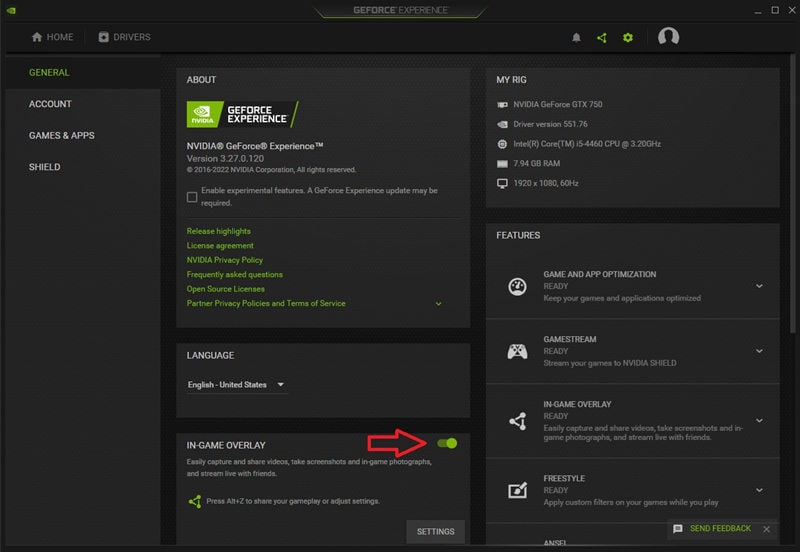 enable nvidia shadowplay in-game overlay