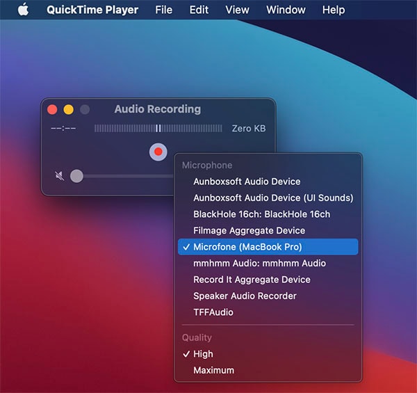 choose audio device on quicktime