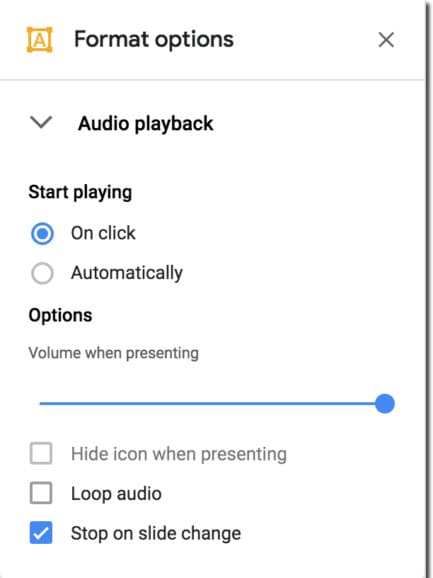 configurar ajustes de audio diapositivas de google