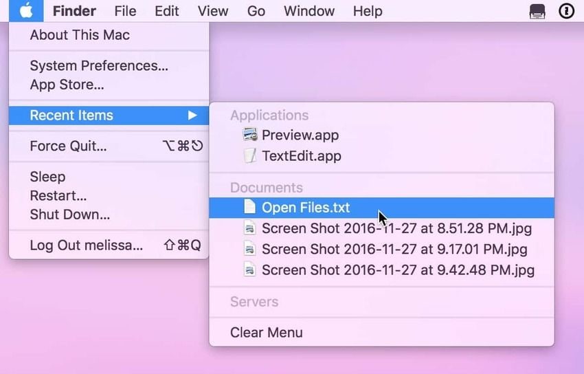 mac screenshots in recent items