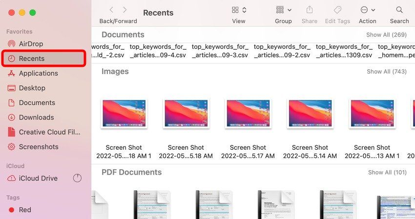 mac screenshots in the recents folder