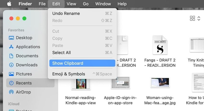 show the clipboard in the finder