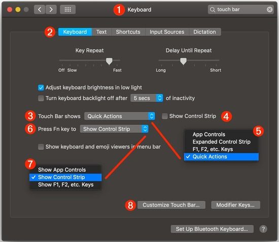 keyboard settings for the touch bar