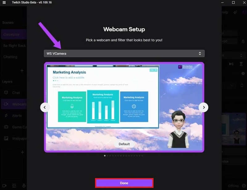 selecting democreator camera in twitch studios 