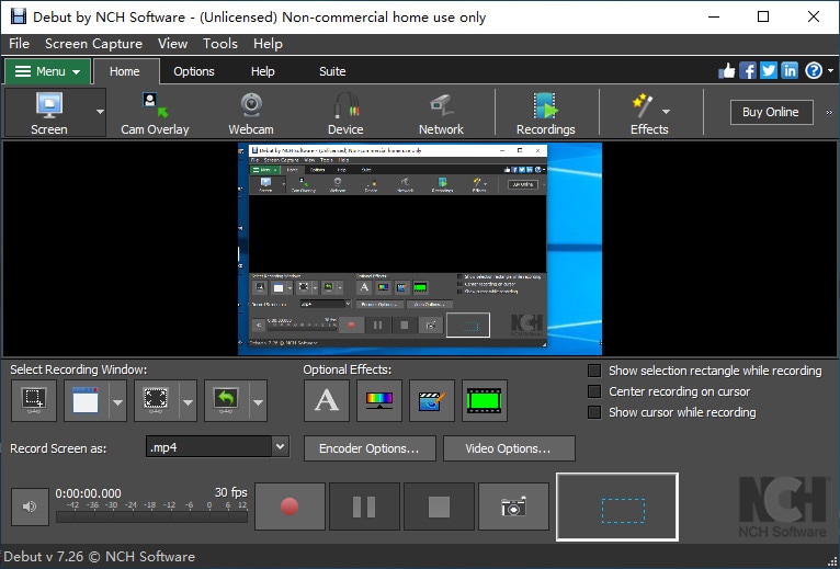 interface do gravador de vídeo Debut