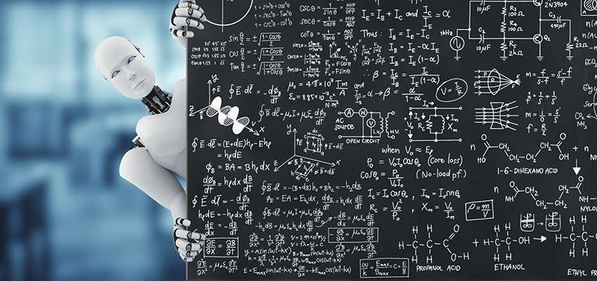 ai robot behind a blackboard filled with formulae 