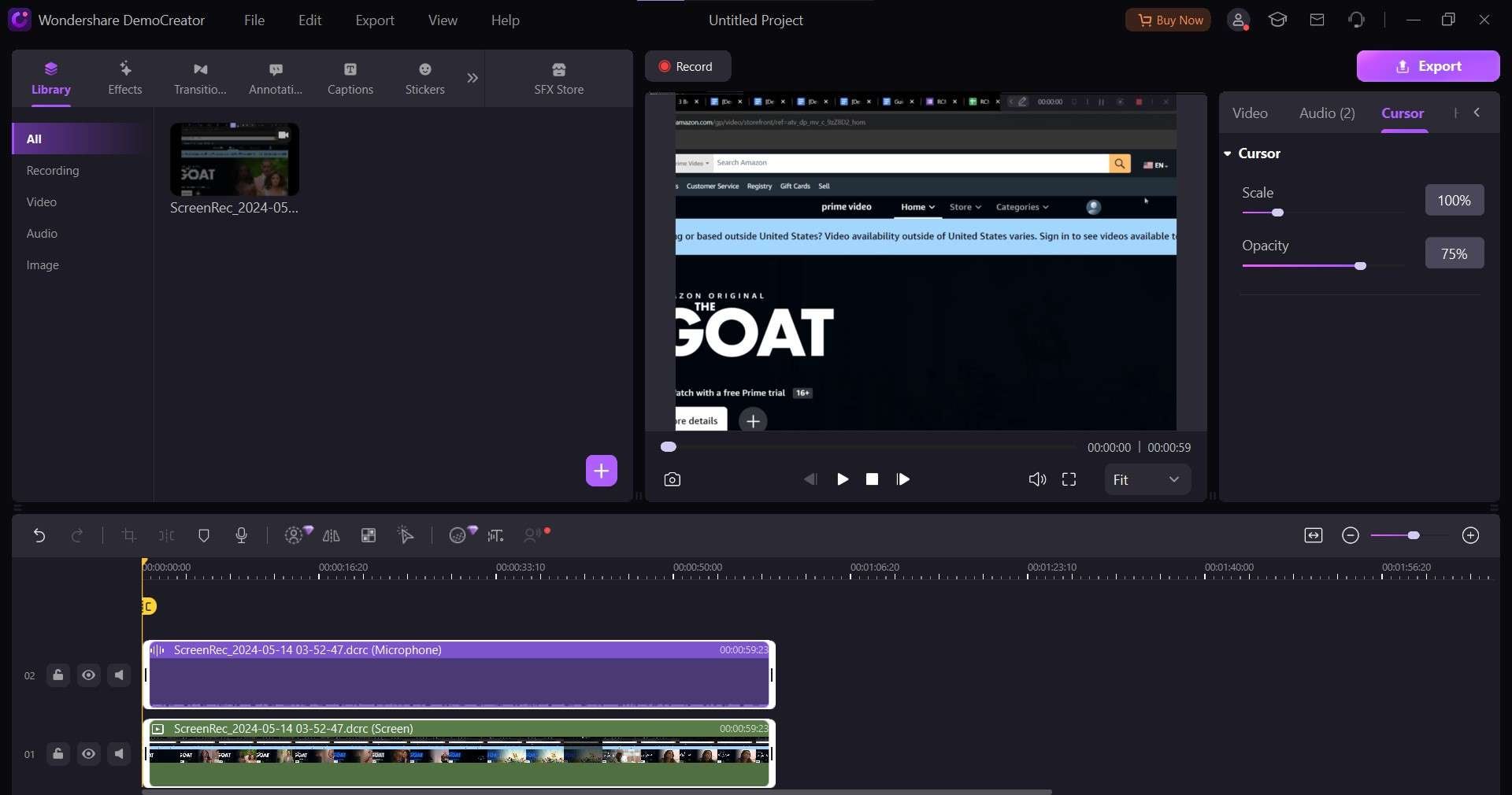 screenshot showing democreator's video recording editing suite