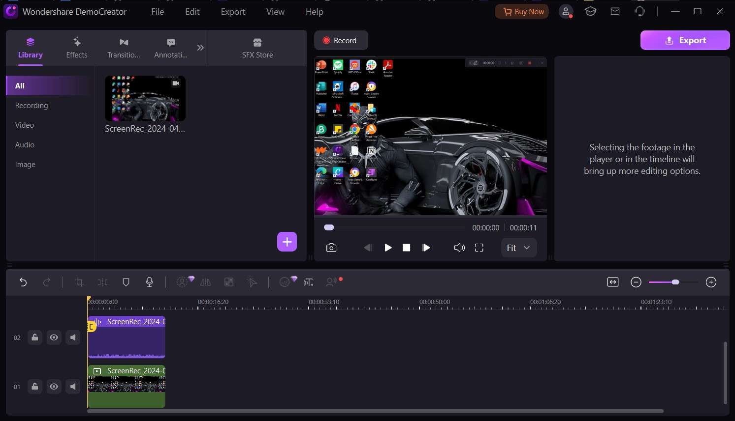 a screenshot of democreator's screen recording editing suite