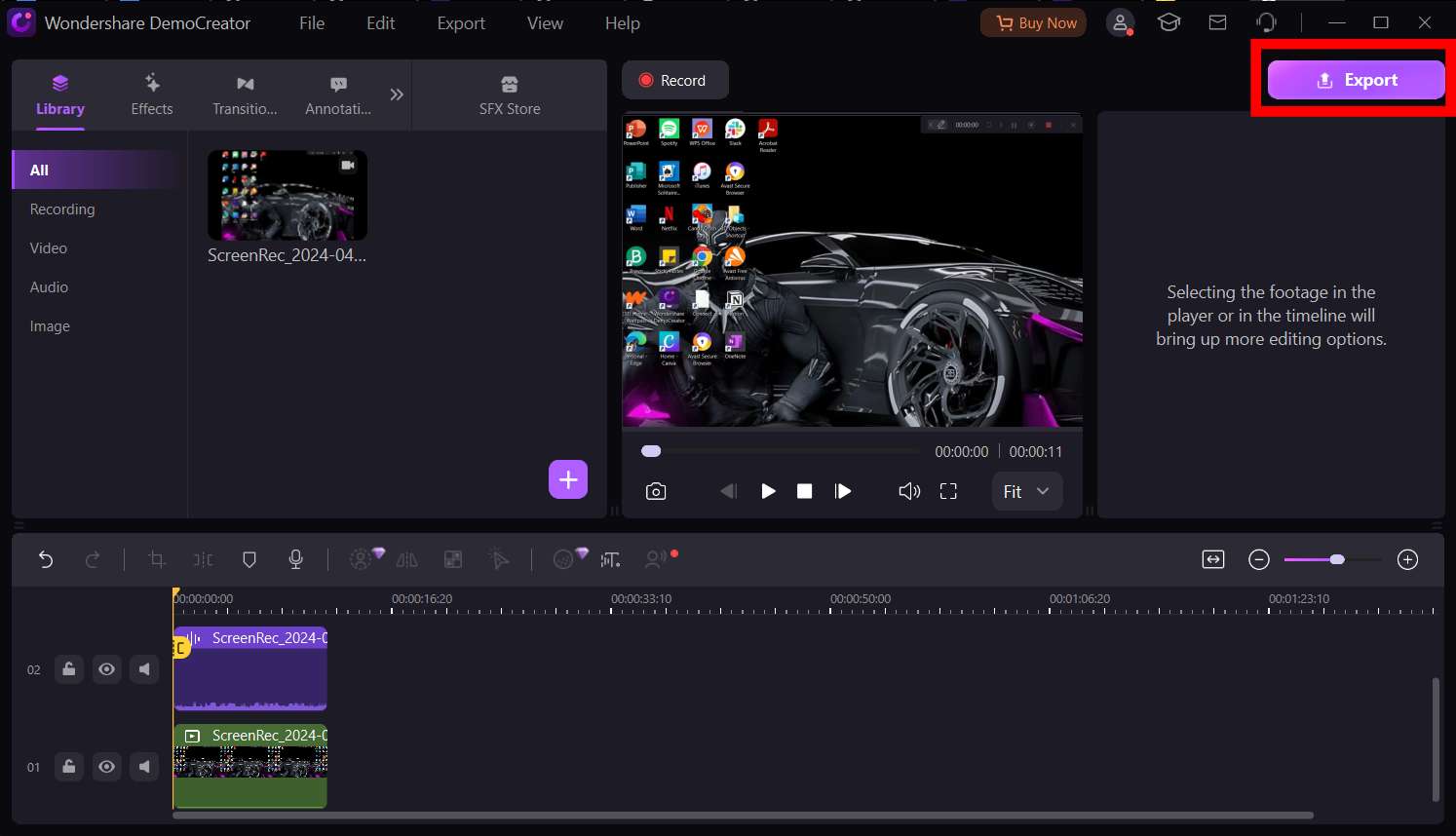 a screenshot showing the export button in democreator's editing suite