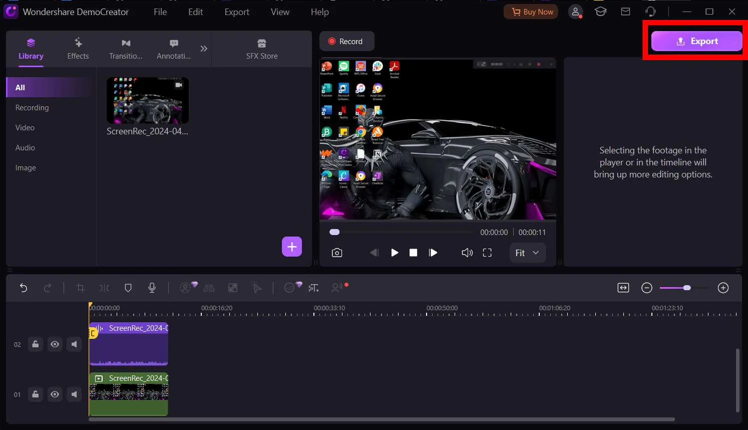 captura de pantalla que muestra el botón exportar en la suite de edición de democreator