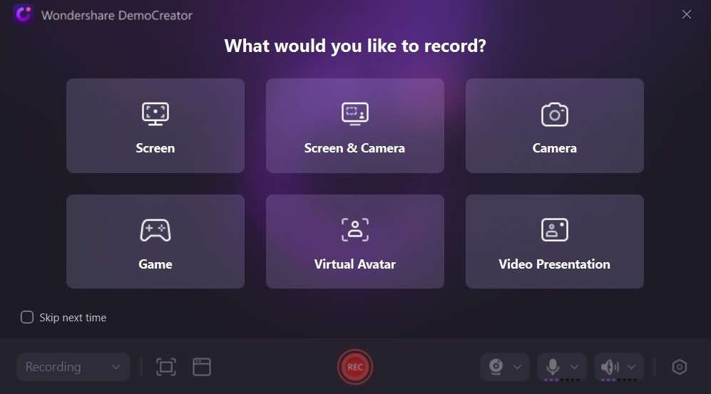 screenshot of democreator's recording mode page on the application