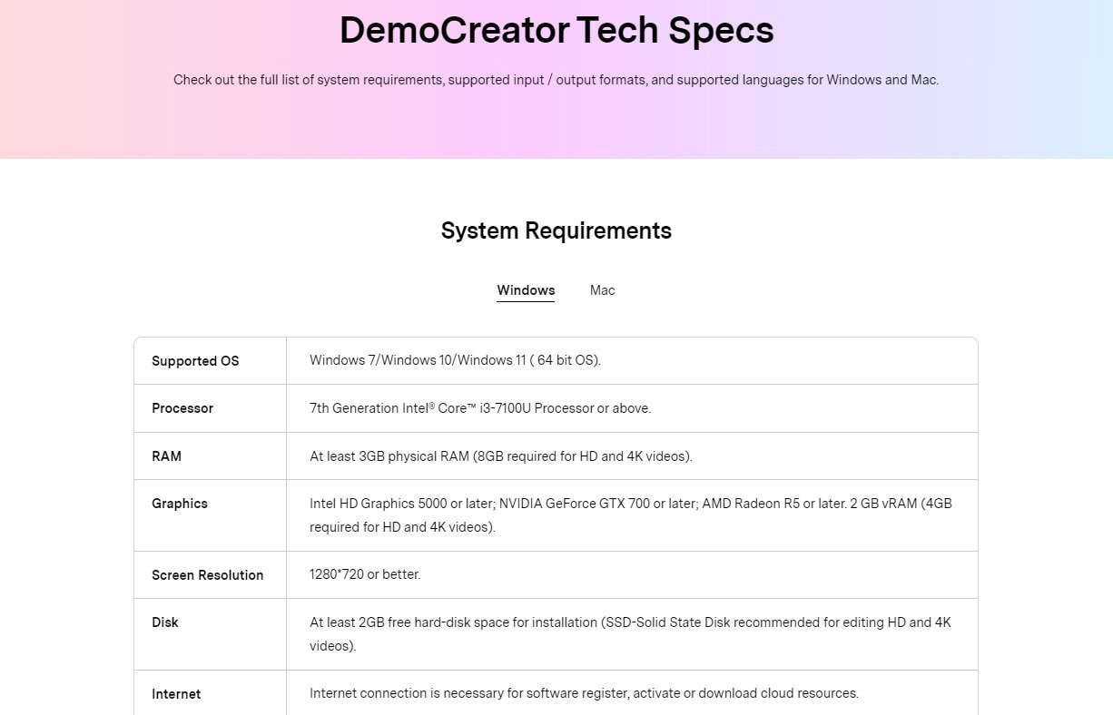democreator's system requirements for windows