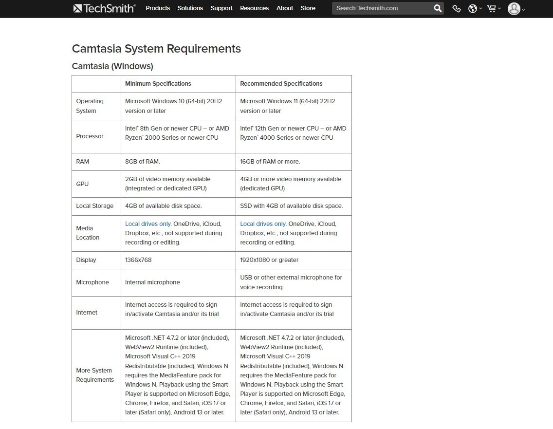 camtasia's system requirements for windows