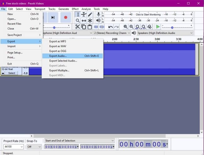 extract audio from video with Audacity step2
