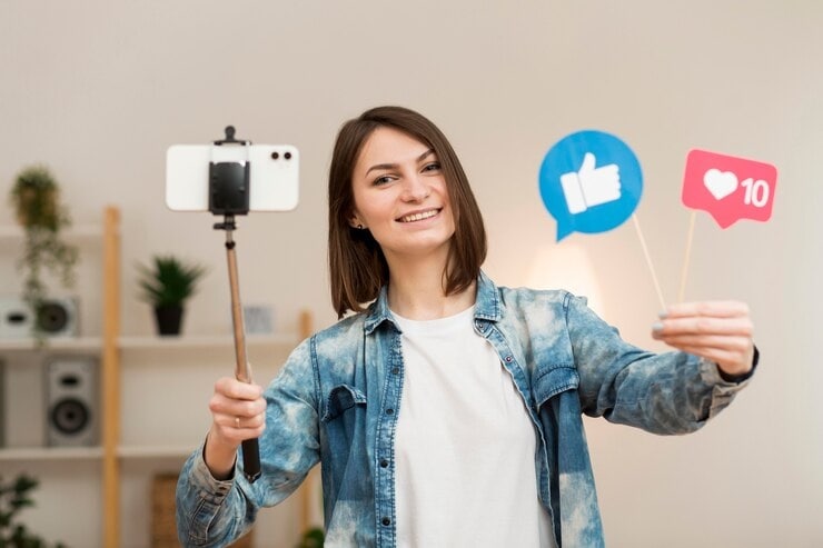 smiling woman holding smartphone for recording