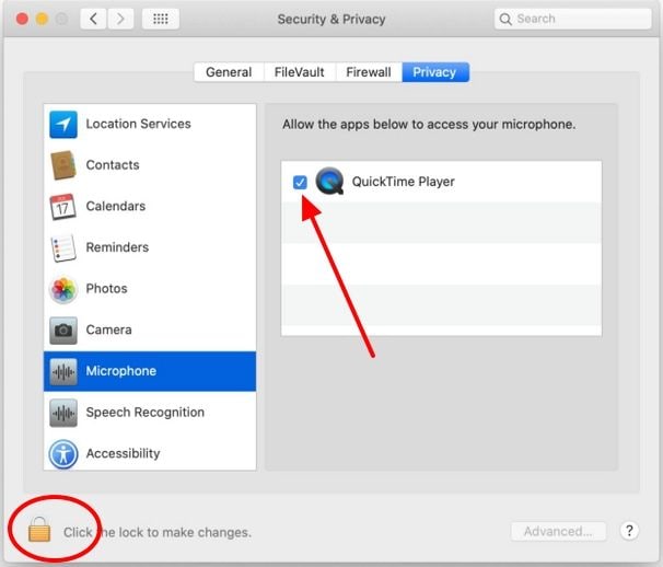 give microphone access to quicktime player