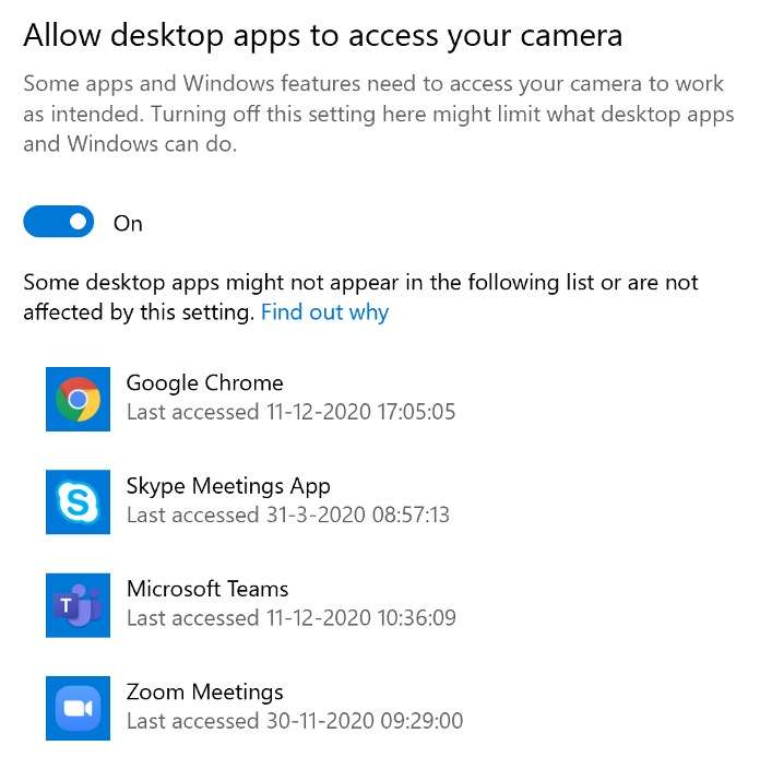 windows desktop apps camera access