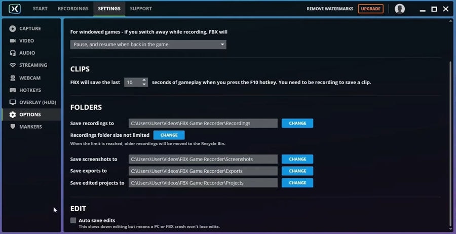 interfaz con opciones de configuración fbx