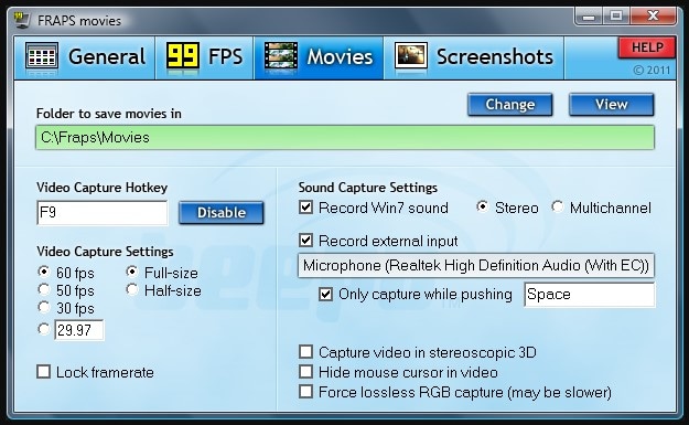 fraps software movies tab interface