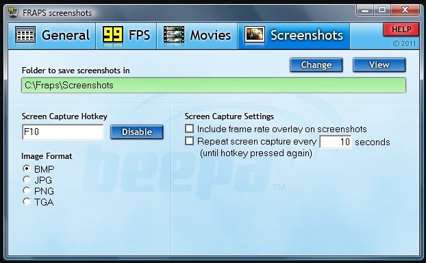 interfaz de la pestaña de capturas de pantalla del software fraps