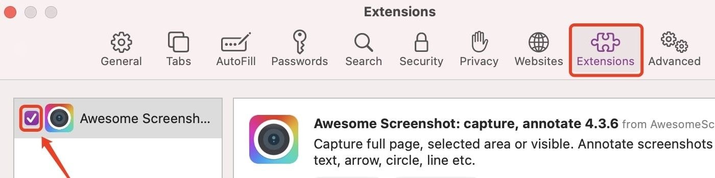 pin the extension in safari