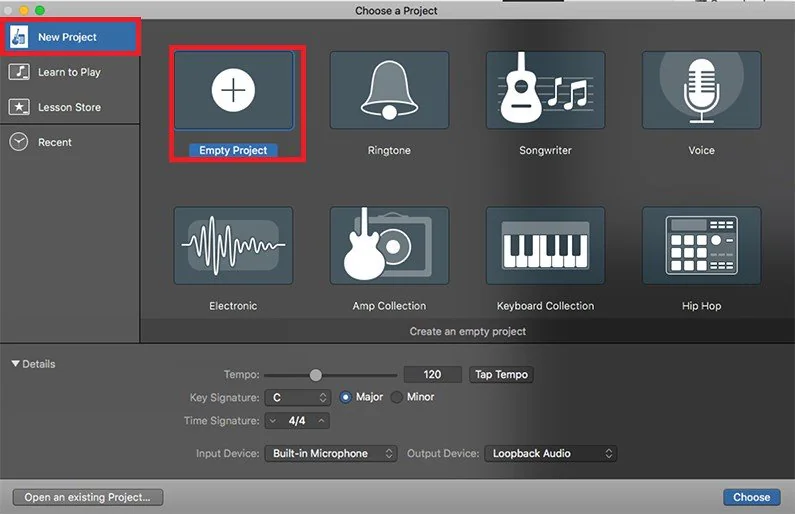 iniciar un nuevo proyecto en garageband